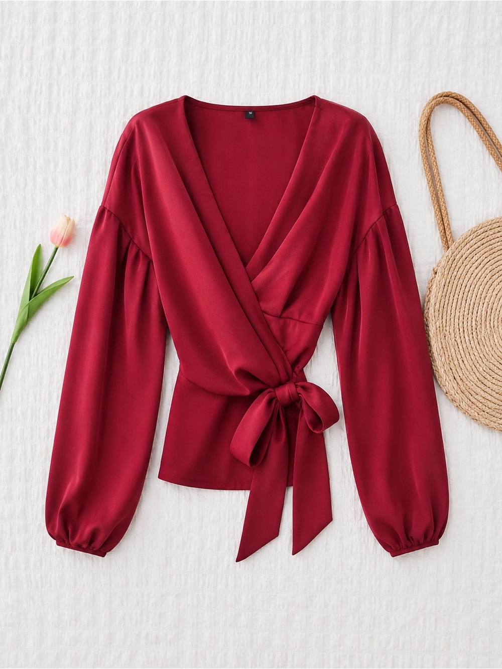 Wrap Blouse - Crimson Wrap Long Sleeve Shirt